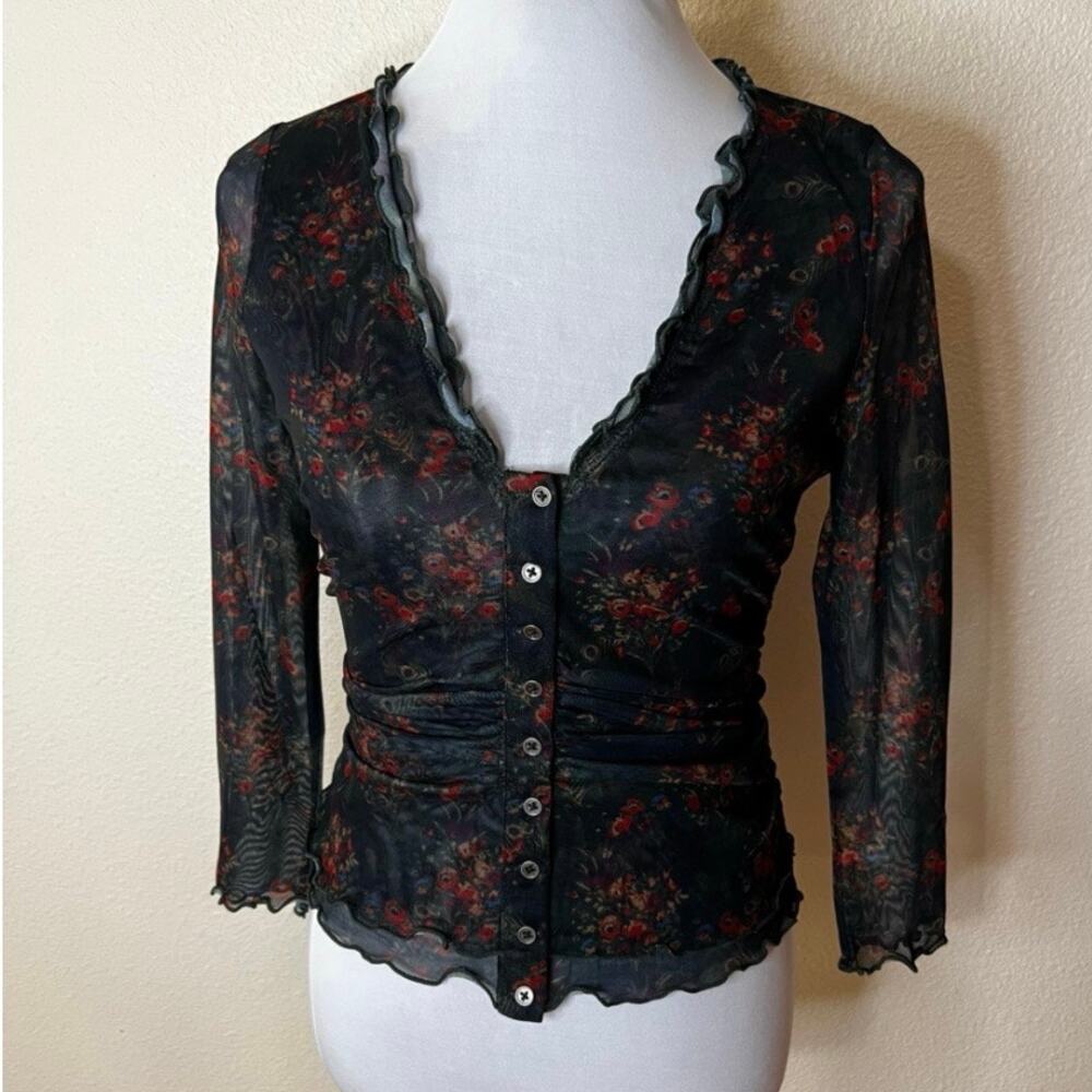 Natural Life dark floral mesh button front cropped blouse NEW SMALL - Picture 6 of 6